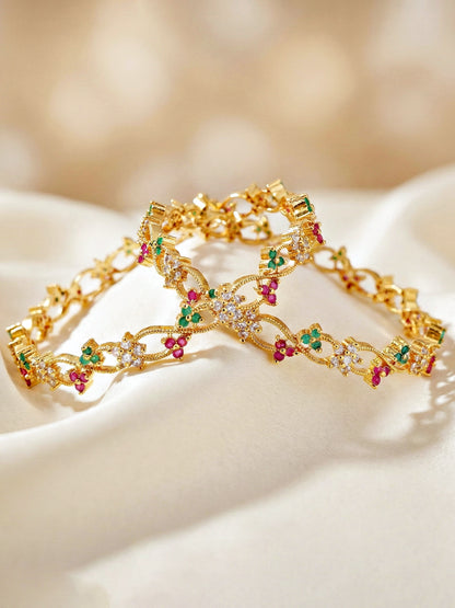 Gold-Plated Floral Twist AD Pink Green Bangle (847-C1BG-2206-2)