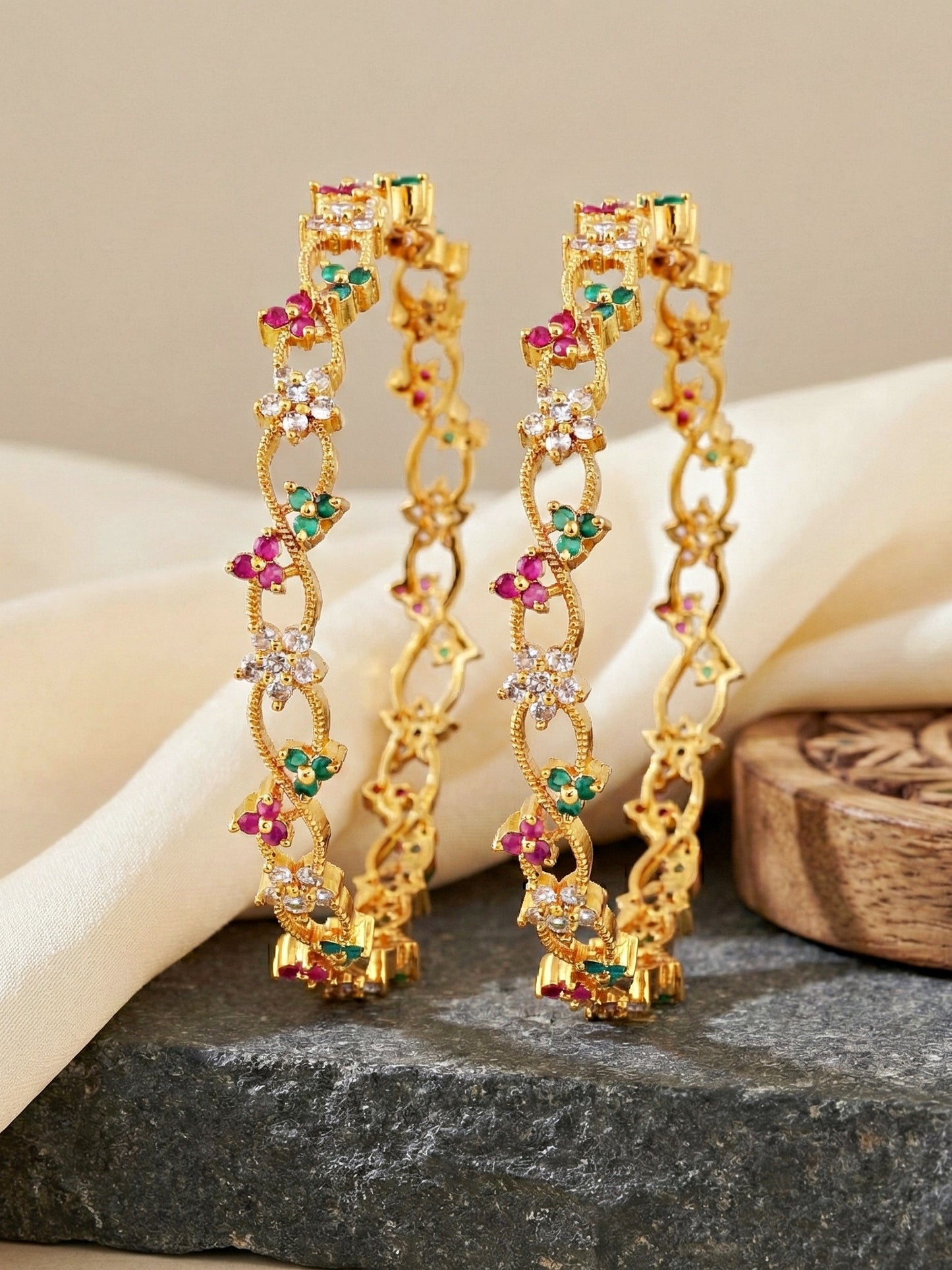 Gold-Plated Floral Twist AD Pink Green Bangle (847-C1BG-2206-2)