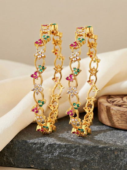 Gold-Plated Floral Twist AD Pink Green Bangle (847-C1BG-2206-2)