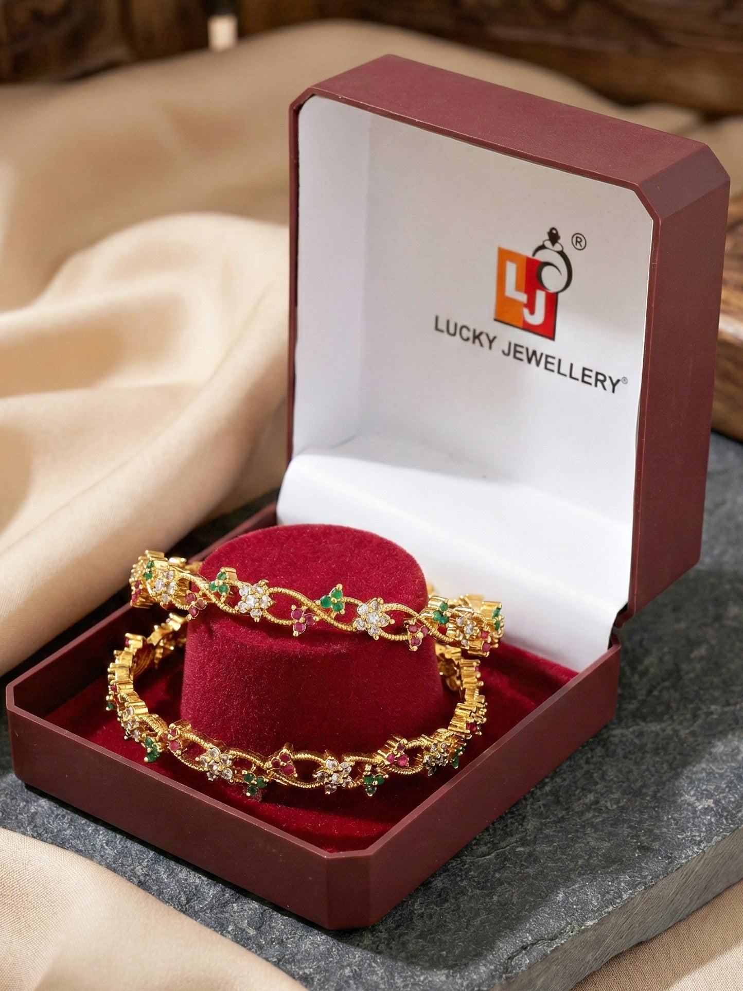 Gold-Plated Floral Twist AD Pink Green Bangle (847-C1BG-2206-2)
