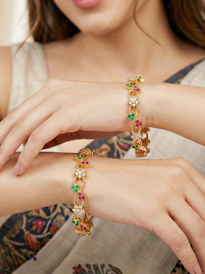 Gold-Plated Floral Twist AD Pink Green Bangle (847-C1BG-2206-2)