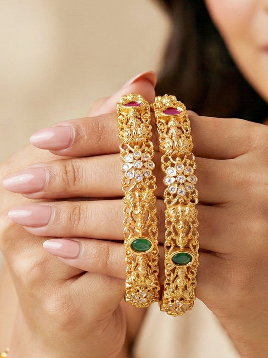 Gold-Plated Laxmi Temple Floral AD Pink Green Bangle (866-C1BG-2207-2)