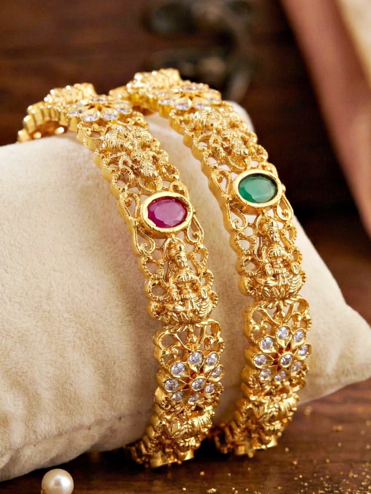 Gold-Plated Laxmi Temple Floral AD Pink Green Bangle (866-C1BG-2207-2)