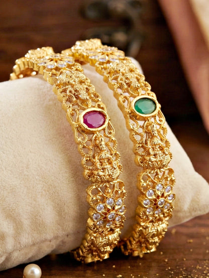Gold-Plated Laxmi Temple Floral AD Pink Green Bangle (866-C1BG-2207-2)