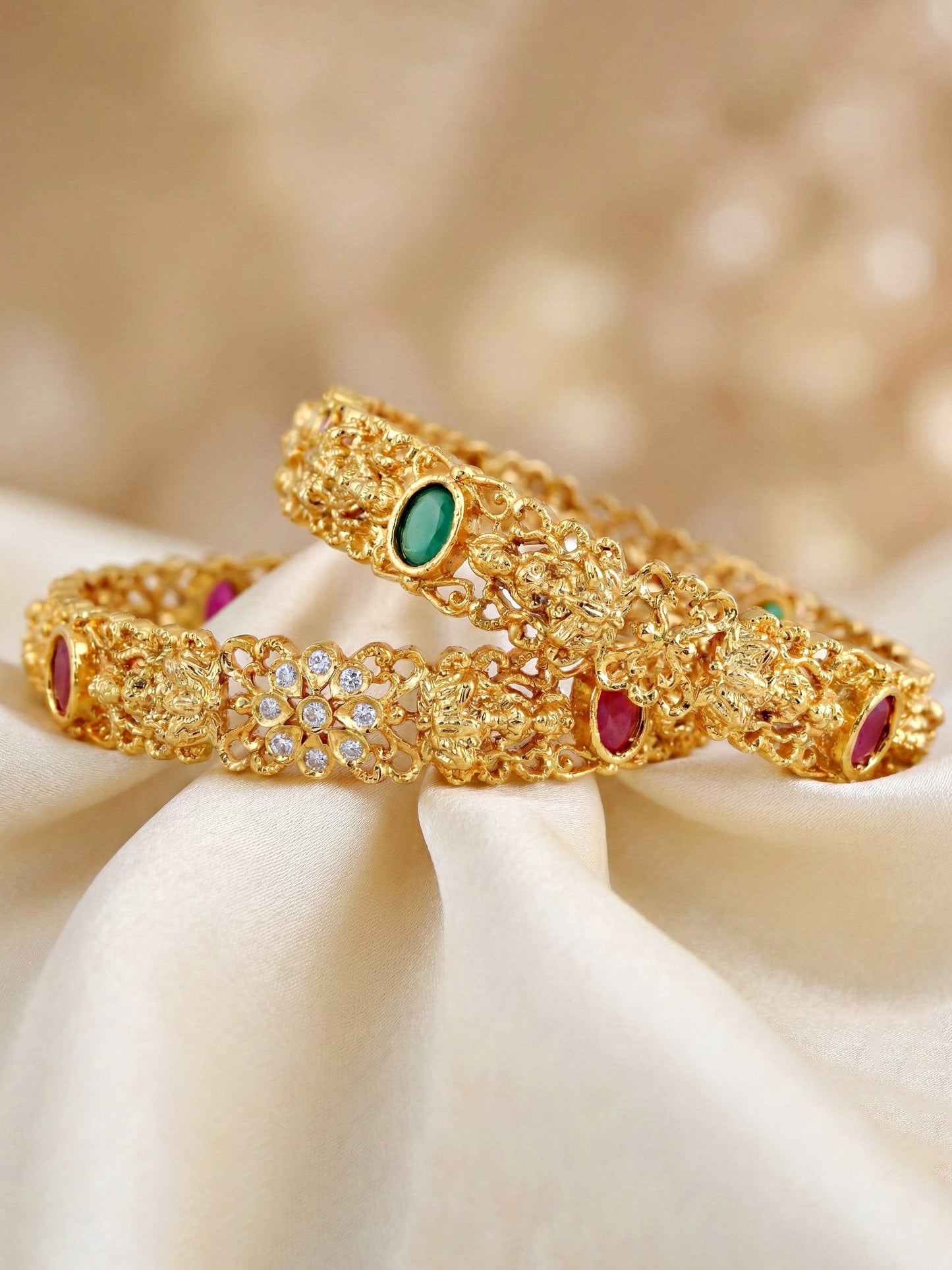 Gold-Plated Laxmi Temple Floral AD Pink Green Bangle (866-C1BG-2207-2)