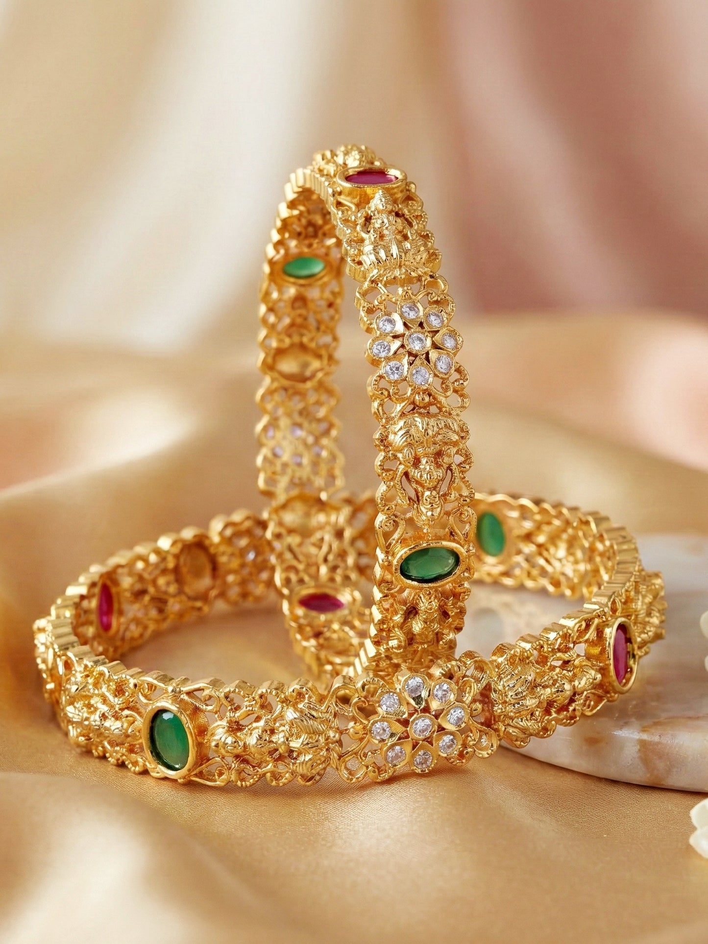 Gold-Plated Laxmi Temple Floral AD Pink Green Bangle (866-C1BG-2207-2)