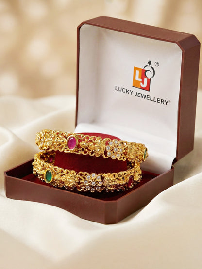 Gold-Plated Laxmi Temple Floral AD Pink Green Bangle (866-C1BG-2207-2)