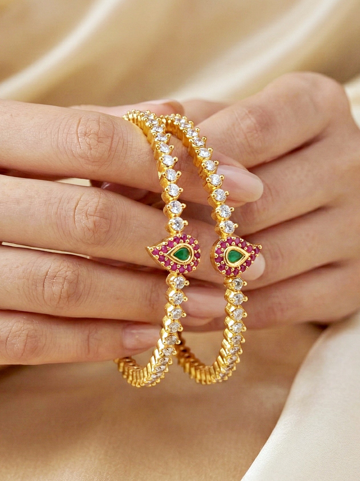 Gold-Plated AD Paisley Pink Green Stone Bangle (873-C1BG-2208-2)