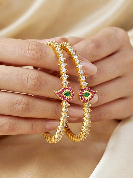 Gold-Plated AD Paisley Pink Green Stone Bangle (873-C1BG-2208-2)