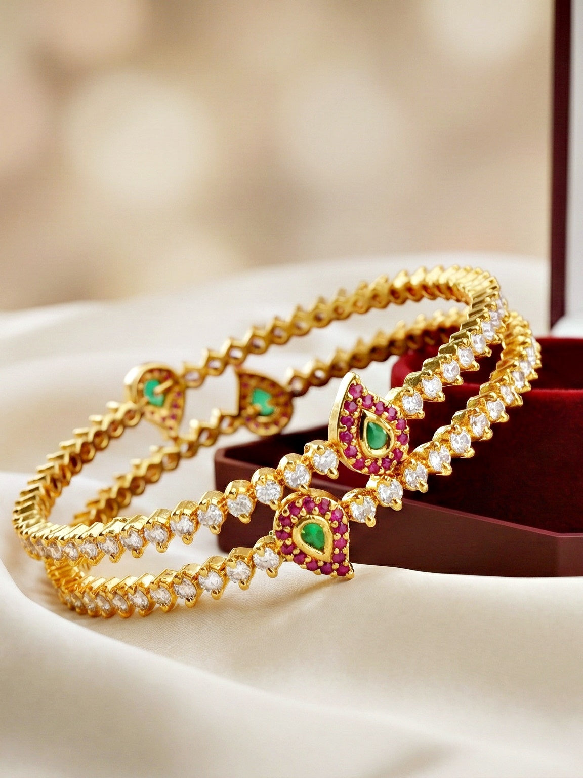 Gold-Plated AD Paisley Pink Green Stone Bangle (873-C1BG-2208-2)