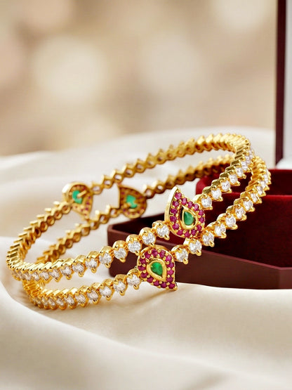 Gold-Plated AD Paisley Pink Green Stone Bangle (873-C1BG-2208-2)