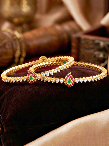 Gold-Plated AD Paisley Pink Green Stone Bangle (873-C1BG-2208-2)