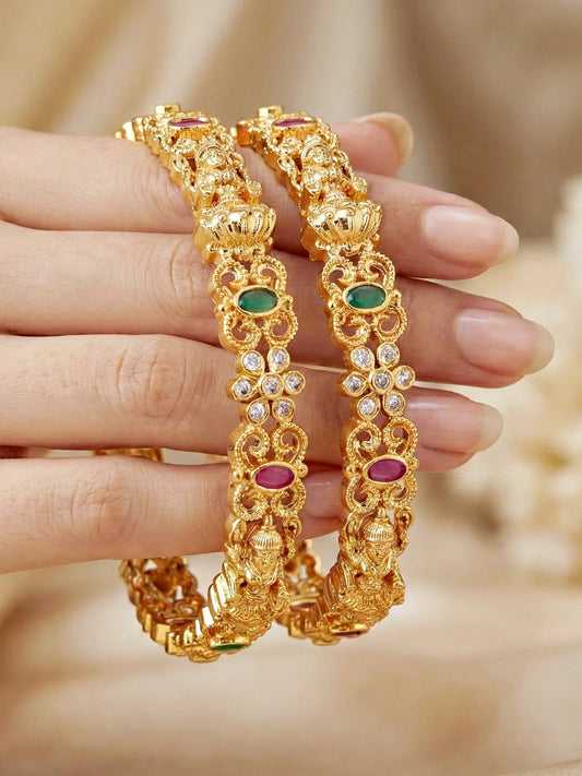 Gold-Plated Laxmi Temple AD Pink Green Bangle (880-C1BG-2209-2)