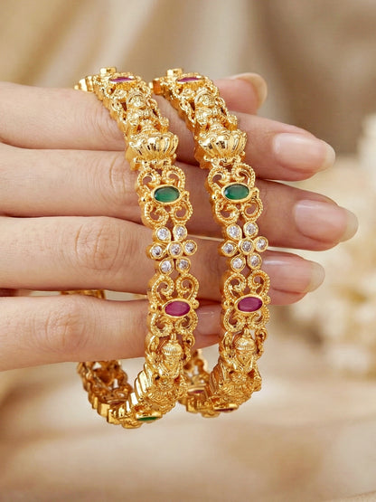 Gold-Plated Laxmi Temple Floral AD Pink Green Bangle (880-C1BG-2210-2)