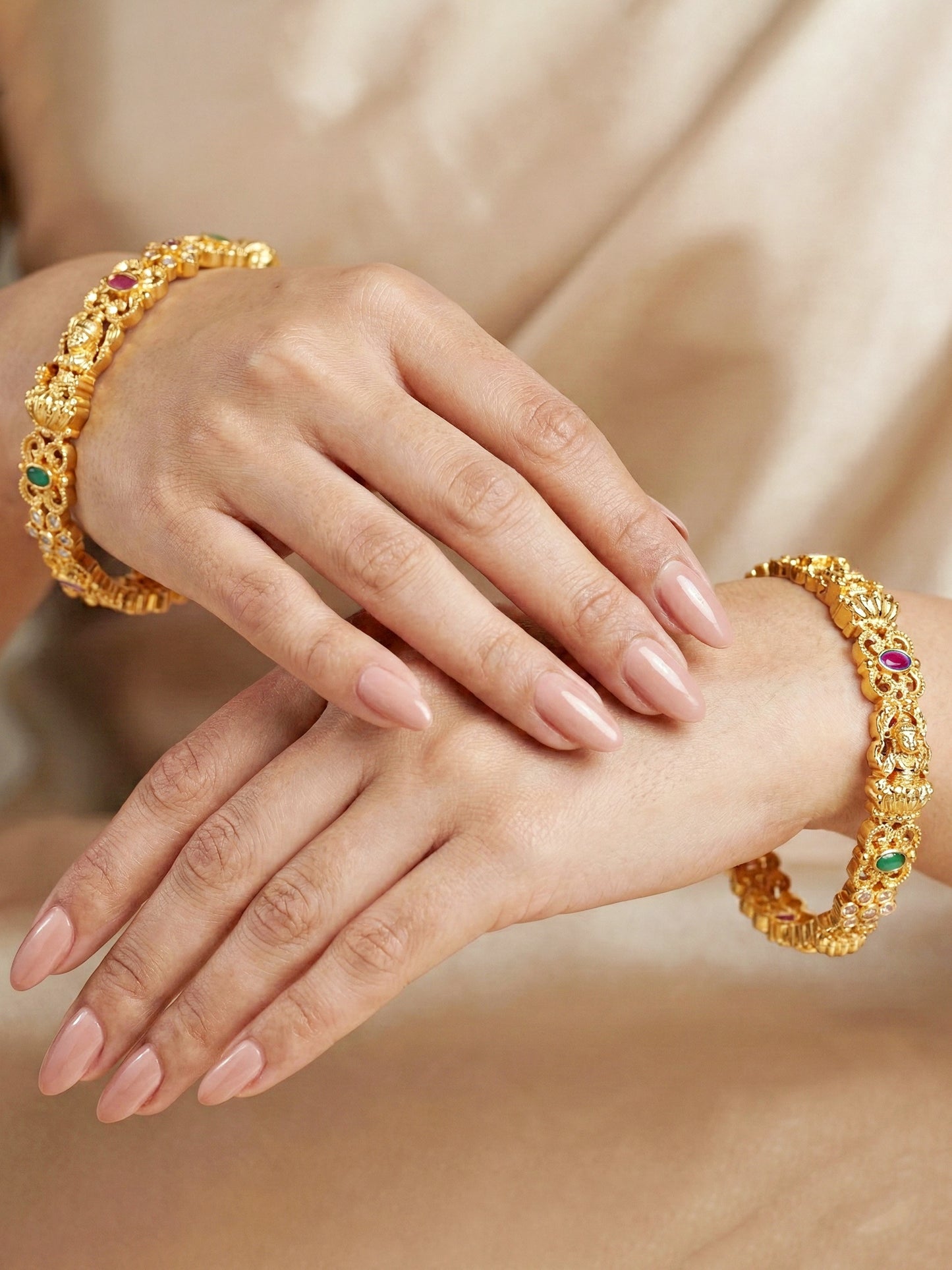 Gold-Plated Laxmi Temple Floral AD Pink Green Bangle (880-C1BG-2210-2)