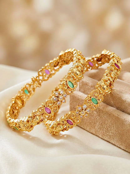 Gold-Plated Laxmi Temple AD Pink Green Bangle (880-C1BG-2209-2)
