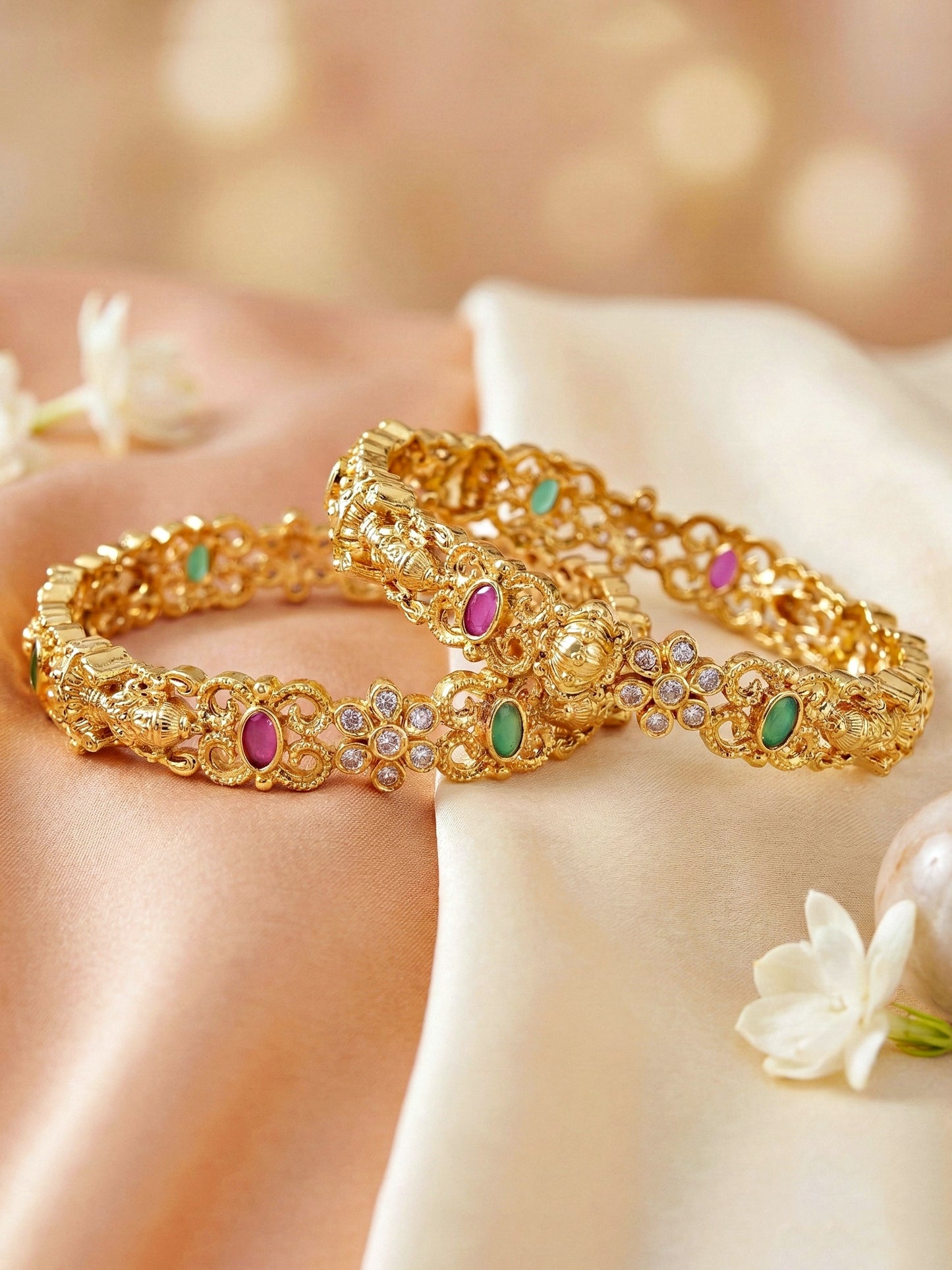 Gold-Plated Laxmi Temple AD Pink Green Bangle (880-C1BG-2209-2)