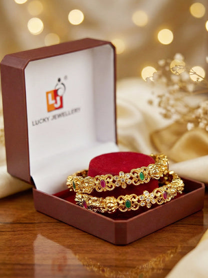 Gold-Plated Laxmi Temple AD Pink Green Bangle (880-C1BG-2209-2)