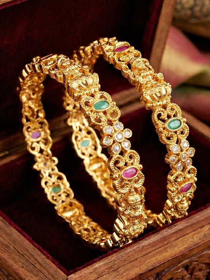 Gold-Plated Laxmi Temple AD Pink Green Bangle (880-C1BG-2209-2)