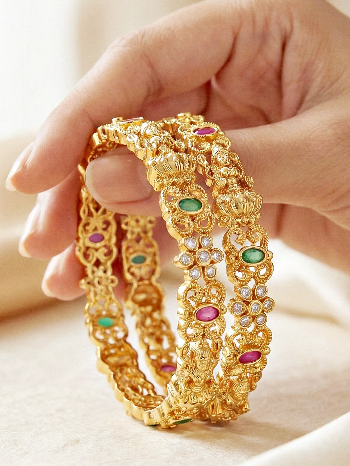 Gold-Plated Laxmi Temple AD Pink Green Bangle (880-C1BG-2209-2)
