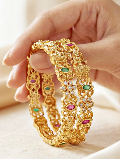 Gold-Plated Laxmi Temple Floral AD Pink Green Bangle (880-C1BG-2210-2)