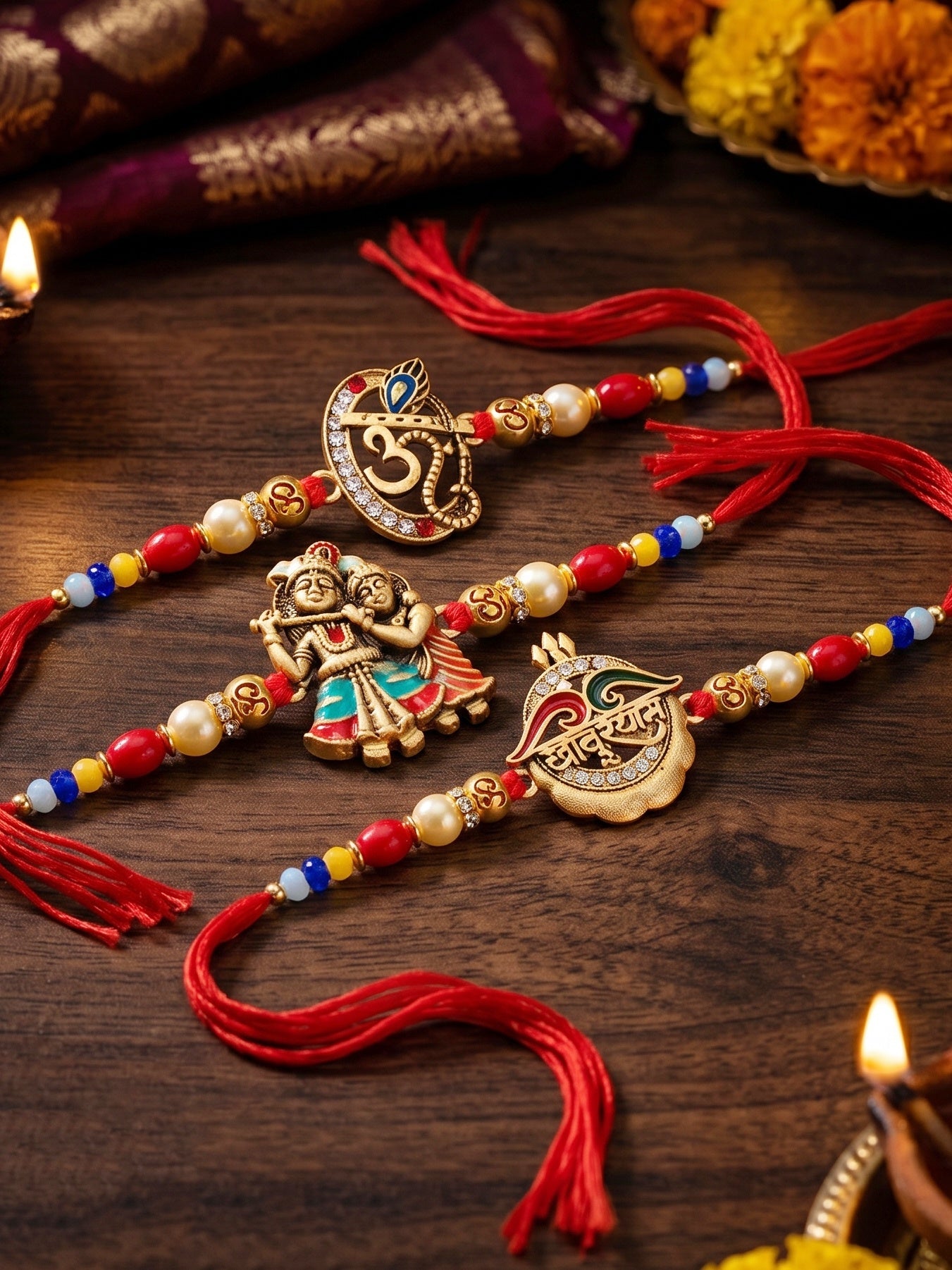 Set of 5 Traditional Divine Rakhis for Bhai | Beaded Radha Krishna & Khatu Shyam Threads | Raksha Bandhan Gift Set with Roli, Chawal & Greeting Card (360-S5R1-2306-5)