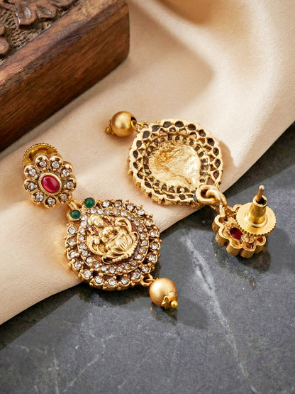 Traditional Antique Gold-Tone Temple Jewellery Necklace Set for Women with Goddess Lakshmi Pendant & Matching Earrings (1122-ISR-2179-R)