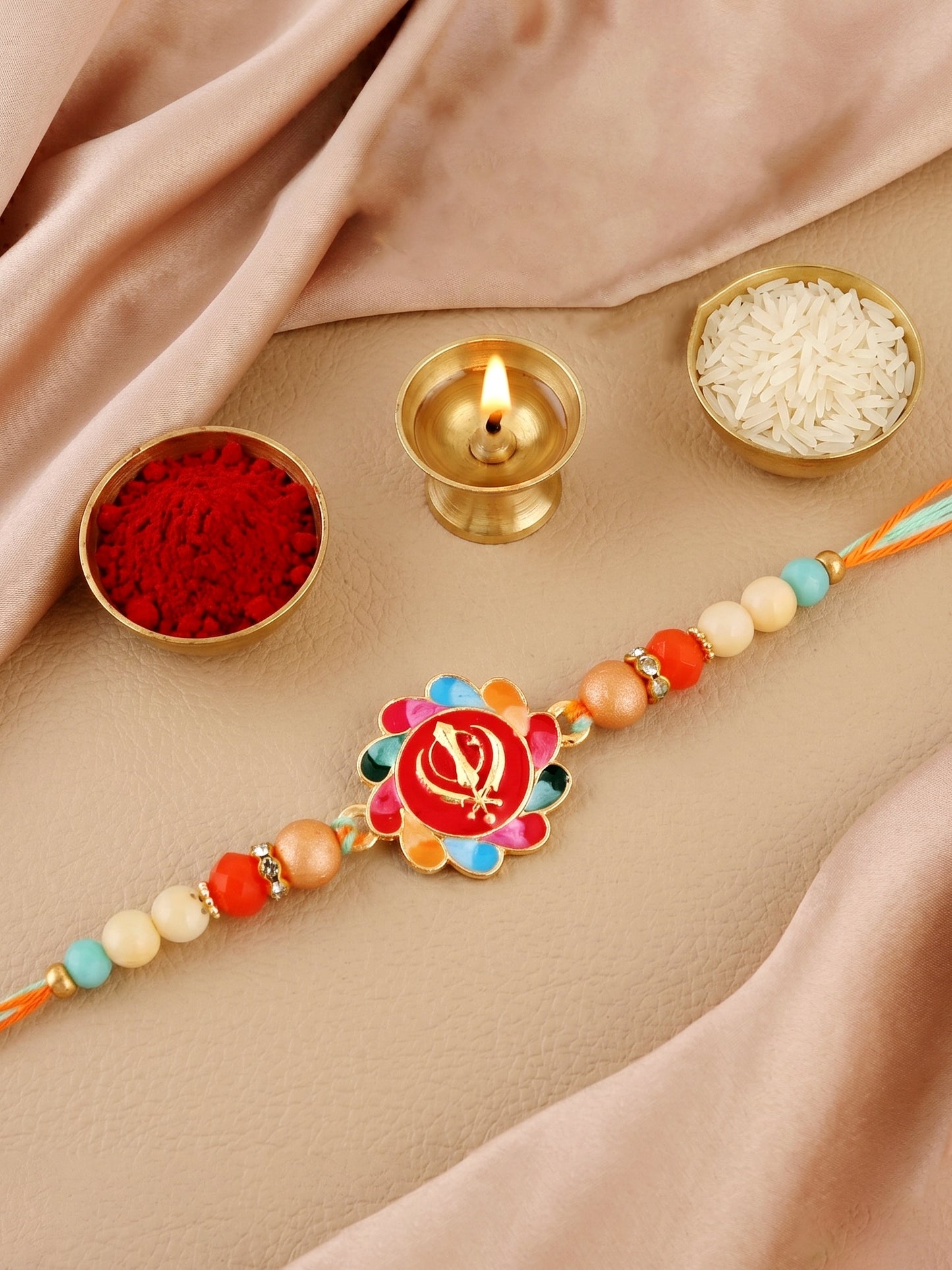 Khanda Sahib Punjabi Sikh Symbol Beaded Rakhi for Brother With Roli Chawal & Greeting Card (102-S5R1-JMD0215)