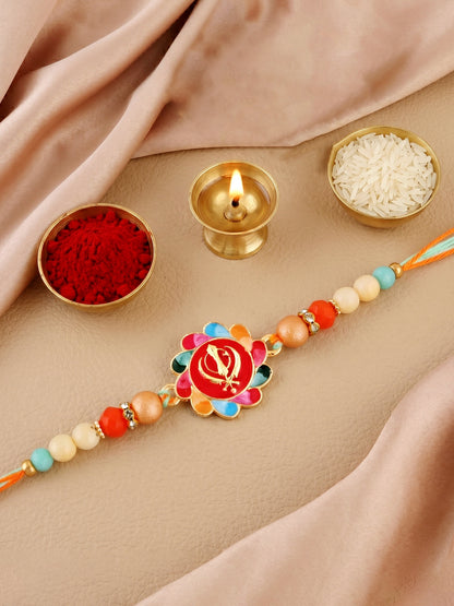 Khanda Sahib Punjabi Sikh Symbol Beaded Rakhi for Brother With Roli Chawal & Greeting Card (102-S5R1-JMD0215)