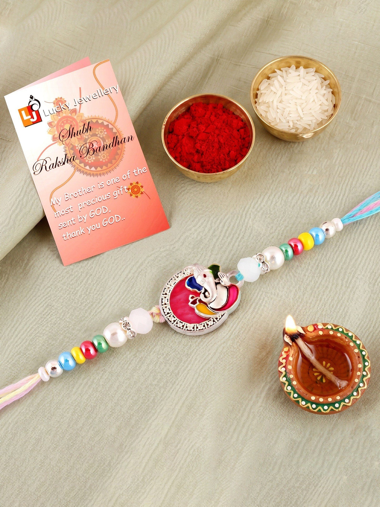 Lord Ganesha Circular Ganpati Silver-Finish Enamel Beaded Rakhi Set For Brother, Roli & Card (132-S5R1-AR2773)