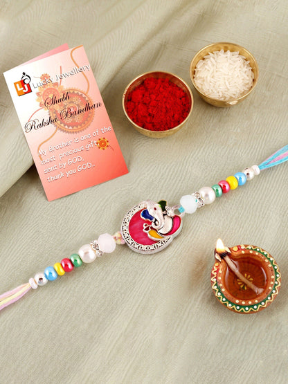 Lord Ganesha Circular Ganpati Silver-Finish Enamel Beaded Rakhi Set For Brother, Roli & Card (132-S5R1-AR2773)