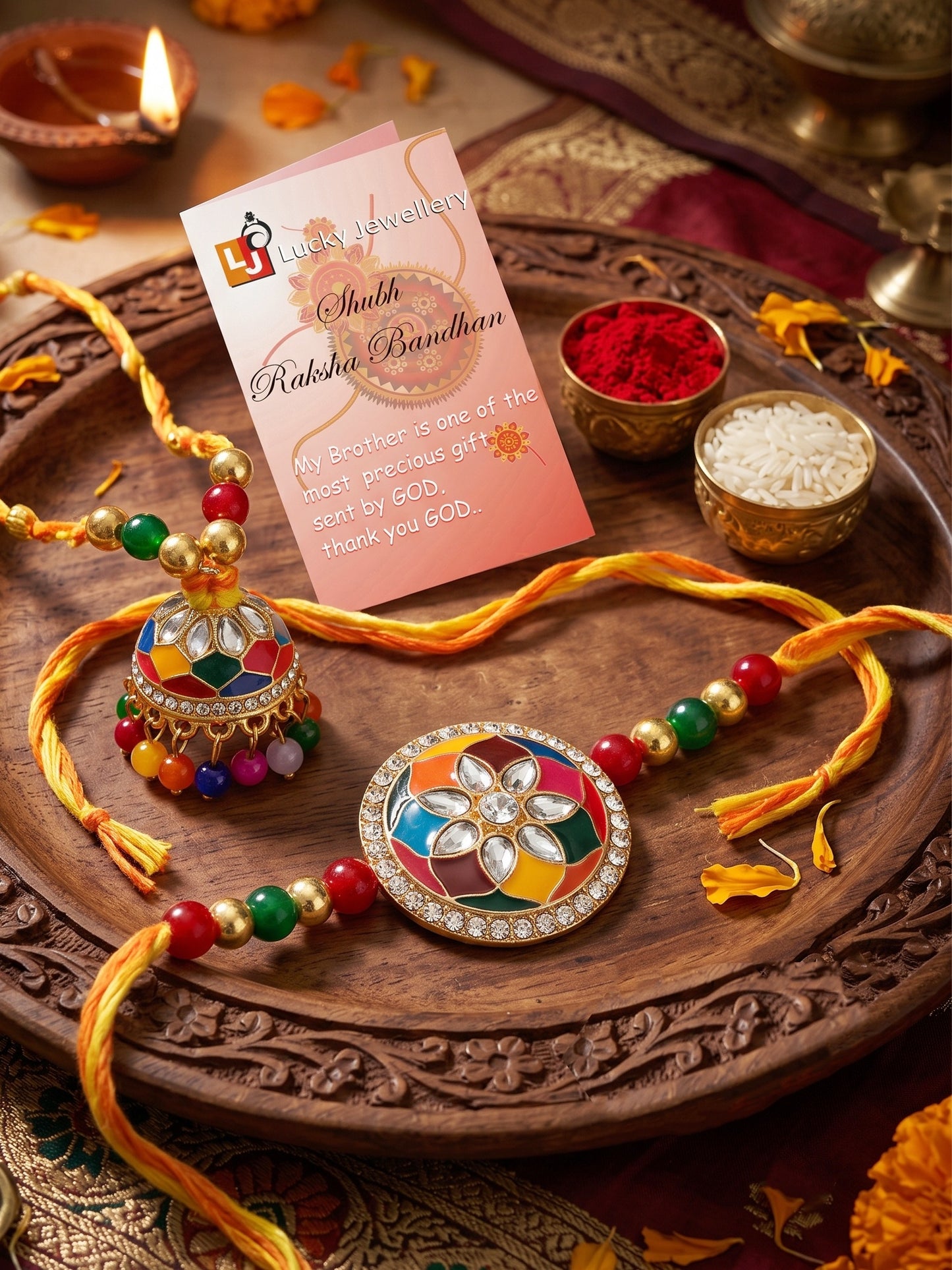 Set of 2 Multicolor Meenakari Bhaiya Bhabhi Rakhi Set With Lumba, Roli, Chawal & Card (325-CHCR1-1152-MT-2-2026)