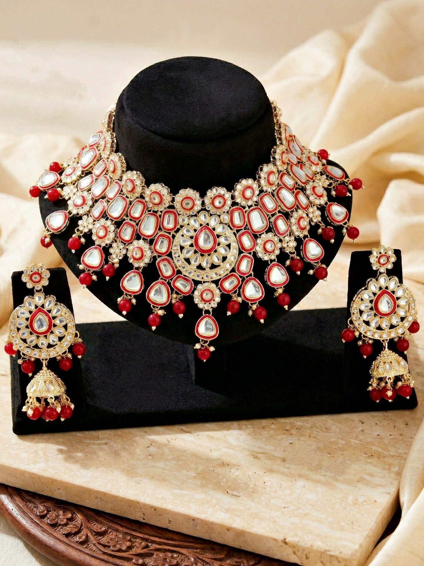 Bridal Kundan Bright Red Choker Jewellery Set with Hathphool & Nath (2541-IZK-554-RED)