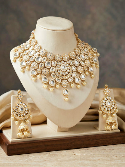 Bridal Kundan White Pearl Choker Jewellery Set with Hathphool & Nath (2541-IZK-554-W)