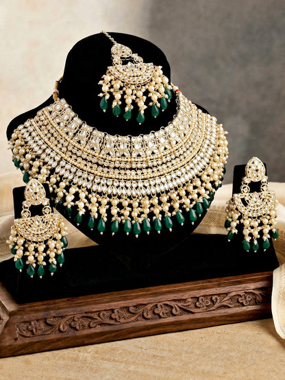 Gold Plated Kundan & Pearl Green Stone Bridal Choker Jewellery Set with Maang Tikka (1683-ISK-855-G)