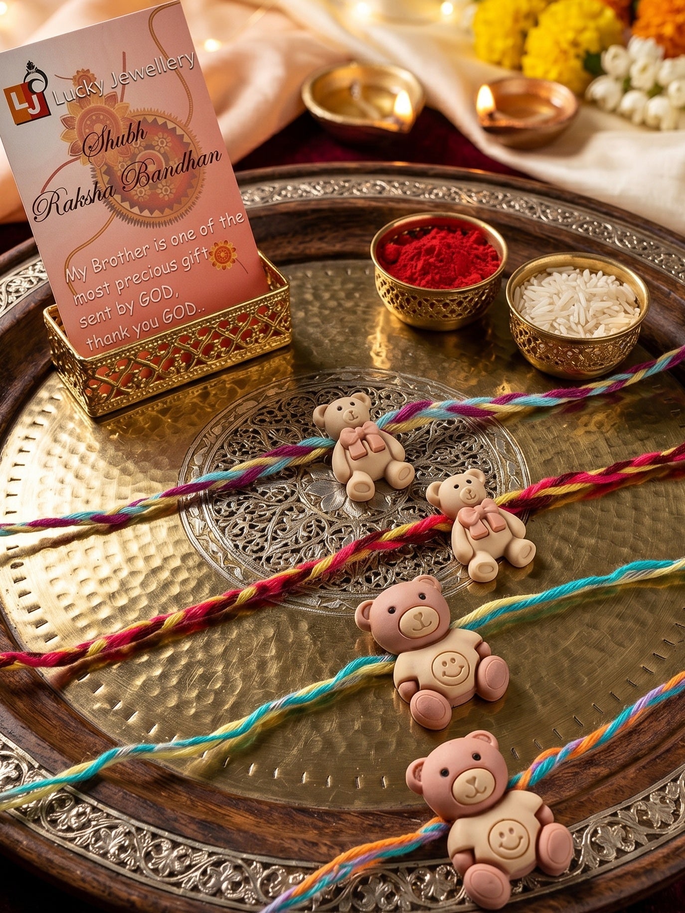 Set of 4 Small Teddy Bear Pendant Rakhi for Kids with Colorful Braided Thread, Roli Chawal & Card (130-CHR1-1948-4-2026)
