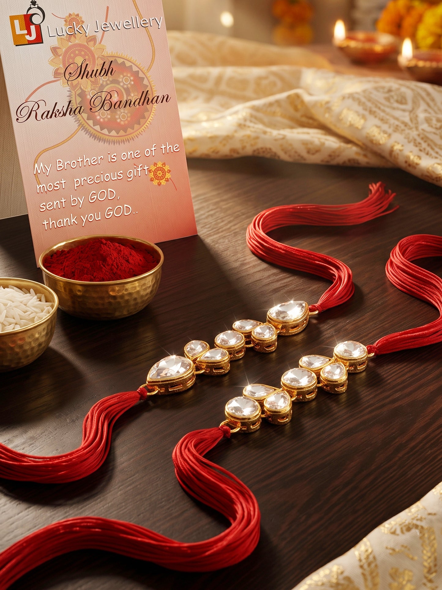 LUCKY JEWELLERY Traditional Rakhi for Brother/Bhaiya – Gold Plated Red Thread Rakshabandhan Rakhie White Stones for Bhai/Bhabhi (Pack of 2) – Fancy Rakhee Bracelet Rakshasutra (159-L1R1-07-W-2-2026)