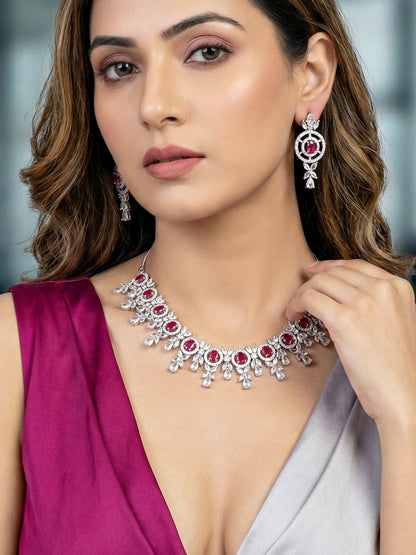 Silver-Tone Ruby Red Stone & American Diamond Necklace Set with Earrings for Women – Office, Party & Function Wear (1717-K4SA-2242-R-S)