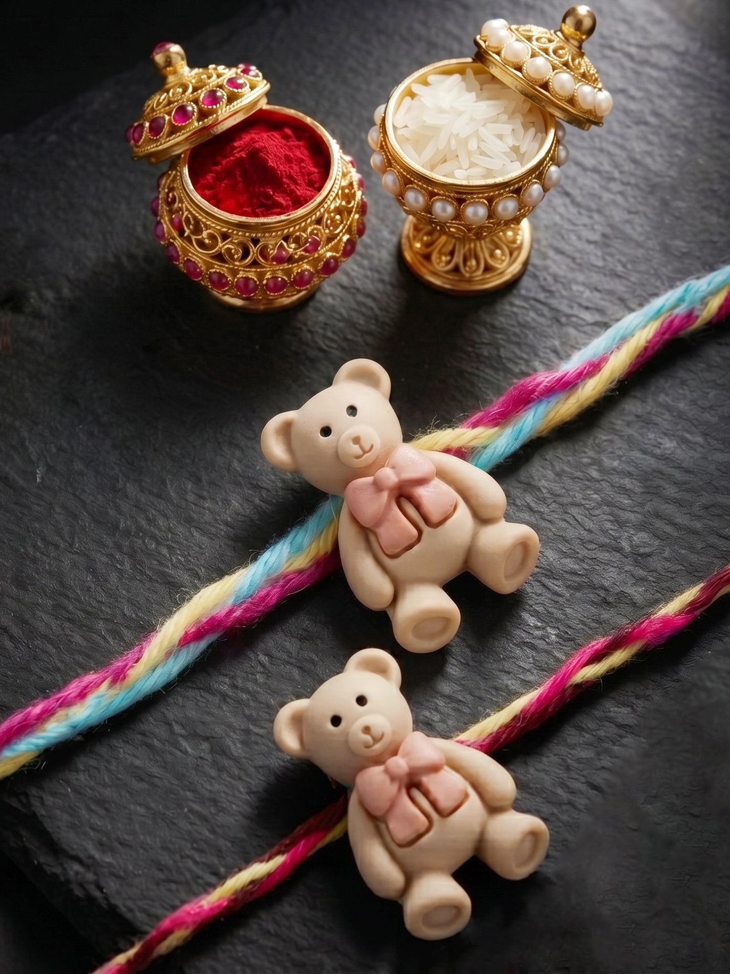 Set of 2 Cute Teddy Bear Kids Rakhi with Colorful Thread, Roli Chawal & Card (80-CHR1-1948-2-2026)