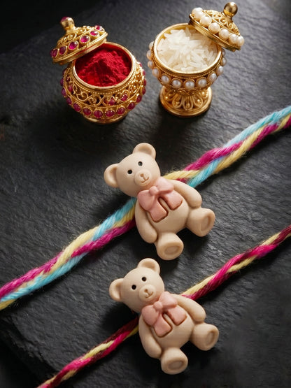Set of 2 Cute Teddy Bear Kids Rakhi with Colorful Thread, Roli Chawal & Card (80-CHR1-1948-2-2026)