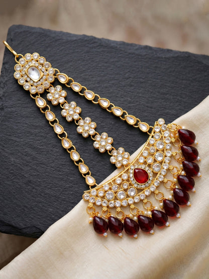 Bridal AD Maroon Stone Heavy Choker Jewellery Set with Sheesh Patti, Nath & Jhumka (3300-M8ZK-1104-M)
