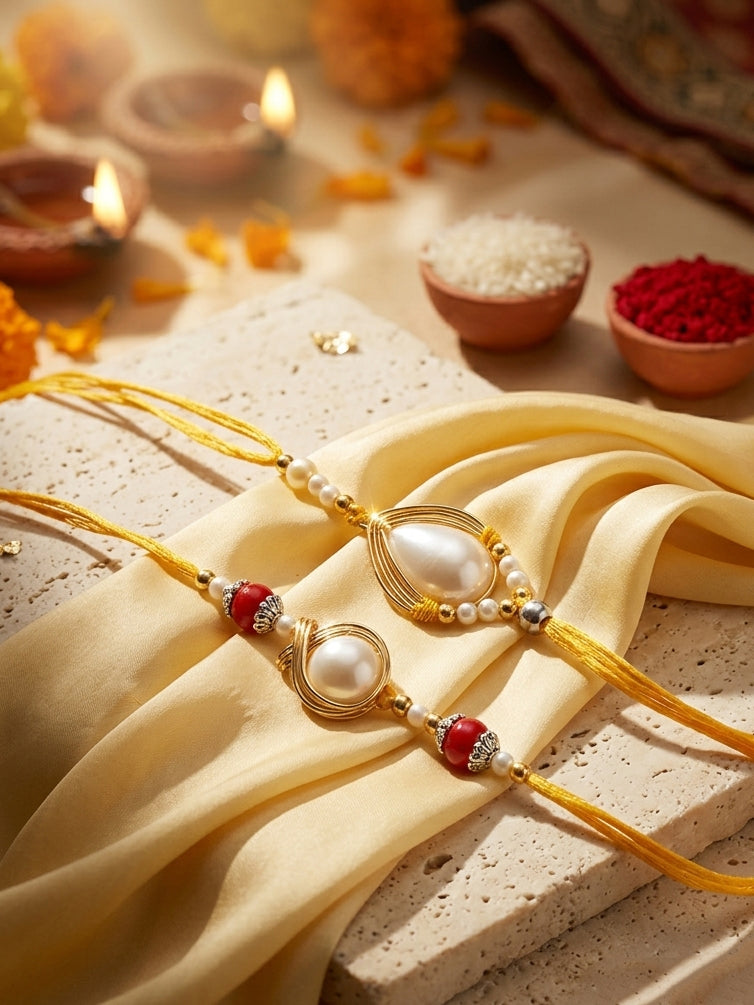 Set of 2 Designer Rakhi for Brother, White Stone Centerpieces with Golden Beads, Roli, Chawal (275-CHR1-1137-2-2026)