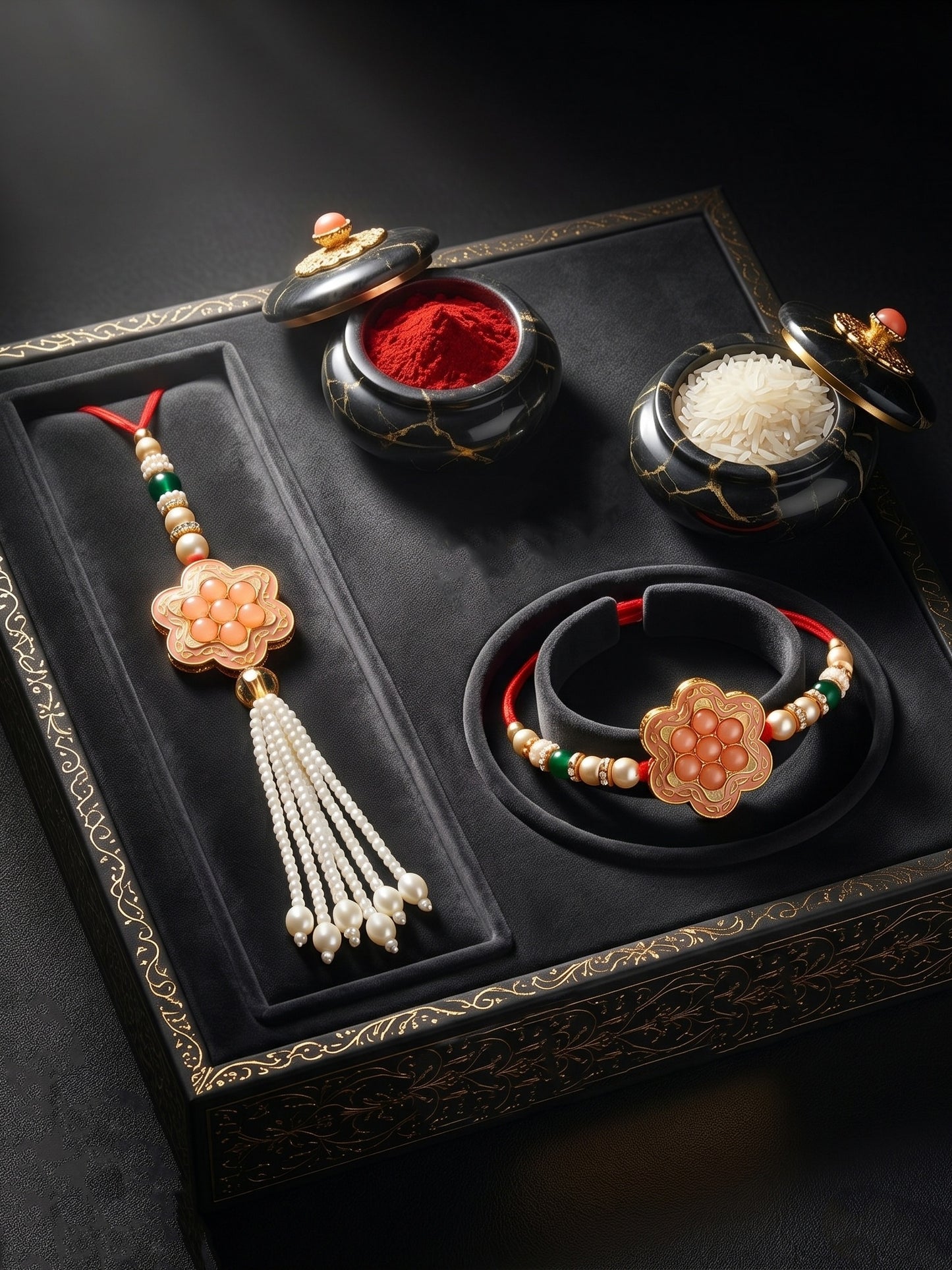 Set of 2 Bhaiya Bhabhi Rakhi Set with Floral Peach Pendant, Green & Gold Beads, Tassel Lumba (130-JPCR1-1857-PH-2-2026)