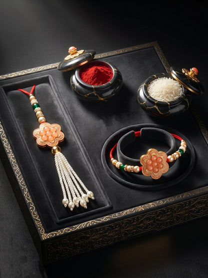 Set of 2 Bhaiya Bhabhi Rakhi Set with Floral Peach Pendant, Green & Gold Beads, Tassel Lumba (130-JPCR1-1857-PH-2-2026)