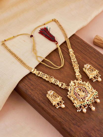 Lucky Jewellery Gold-Plated Ganesh Idol Temple Ruby & Green Color Necklace Set (660-G2SR-201-RG)