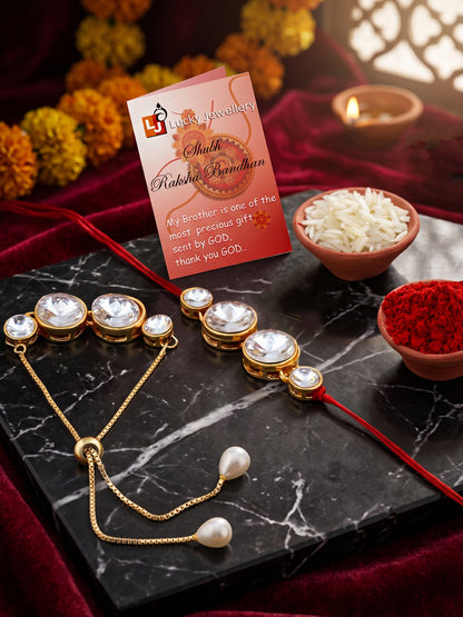 LUCKY JEWELLERY Rakhi for Brother/Bhaiya – Gold Plated Red Thread Rakshabandhan Rakhie in White Stones for Bhai/Bhabhi (Pack of 2) – Rakhee Bracelet with Pull Chain Rakshasutra (152-L1R1-10B-W-2-2026)
