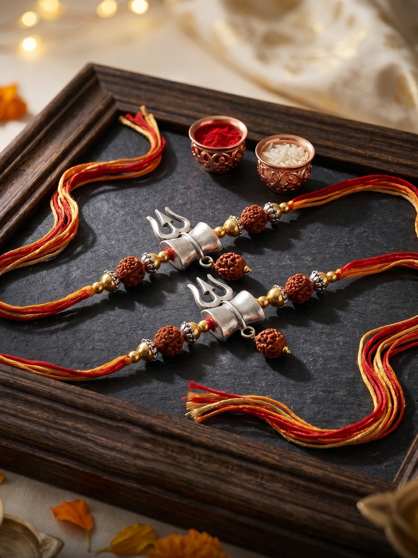 Set of 2 Small Trishul Damaru Pendant Rakhi for Brother with Rudraksha & Gold Beads, Roli Chawal (126-JPR1-1972-S-2-2026)