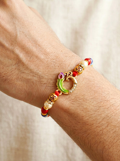 Traditional Om & Peacock Spiritual Beaded Rakhi For Brother With Roli Chawal & Card (72-S5R1-AR2903)