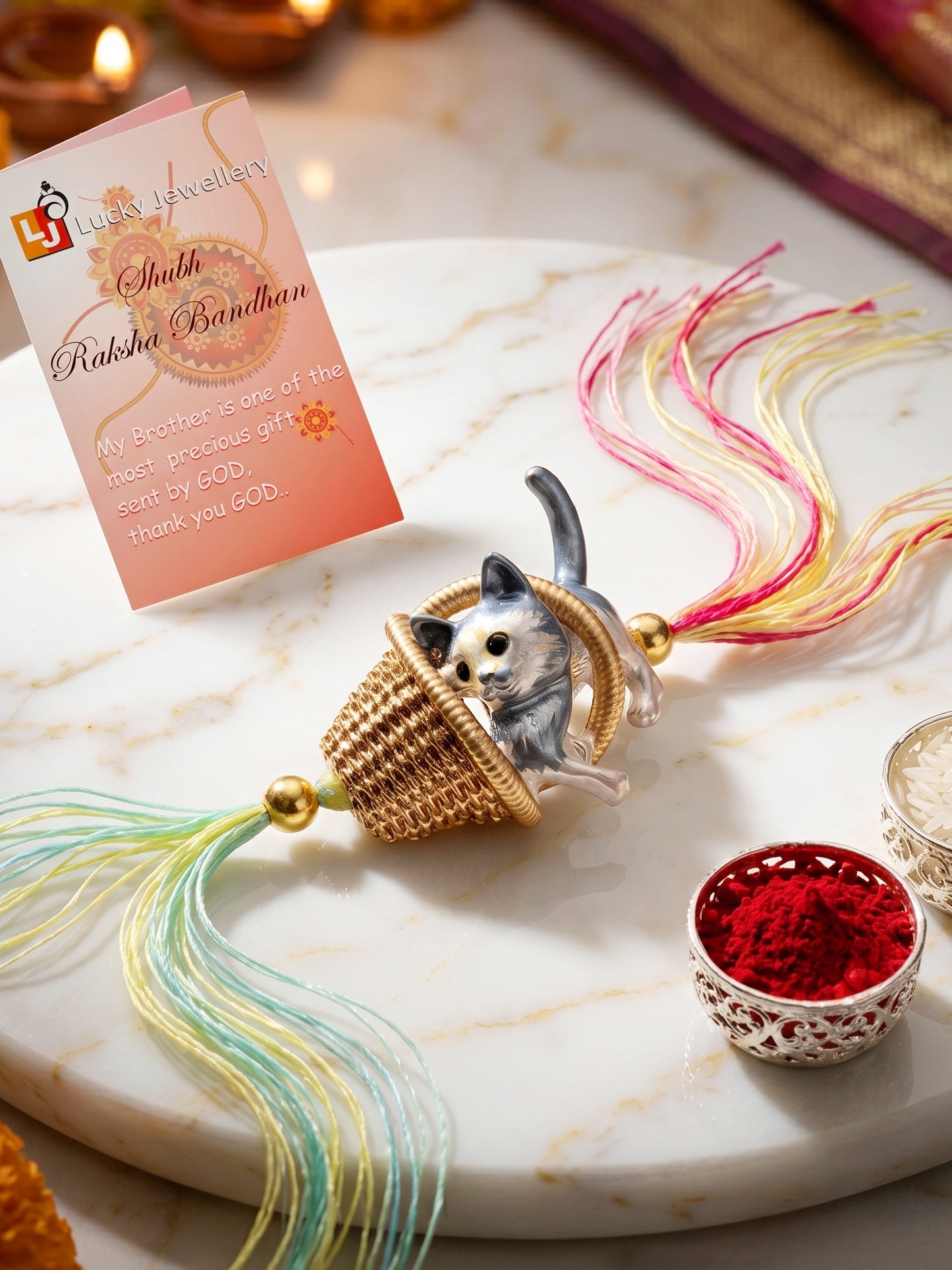 Kids Cute Kitten in Basket Rakhi for Brother with Metallic Beads, Roli Chawal & Card (225-CHR1-1314-1-2026)