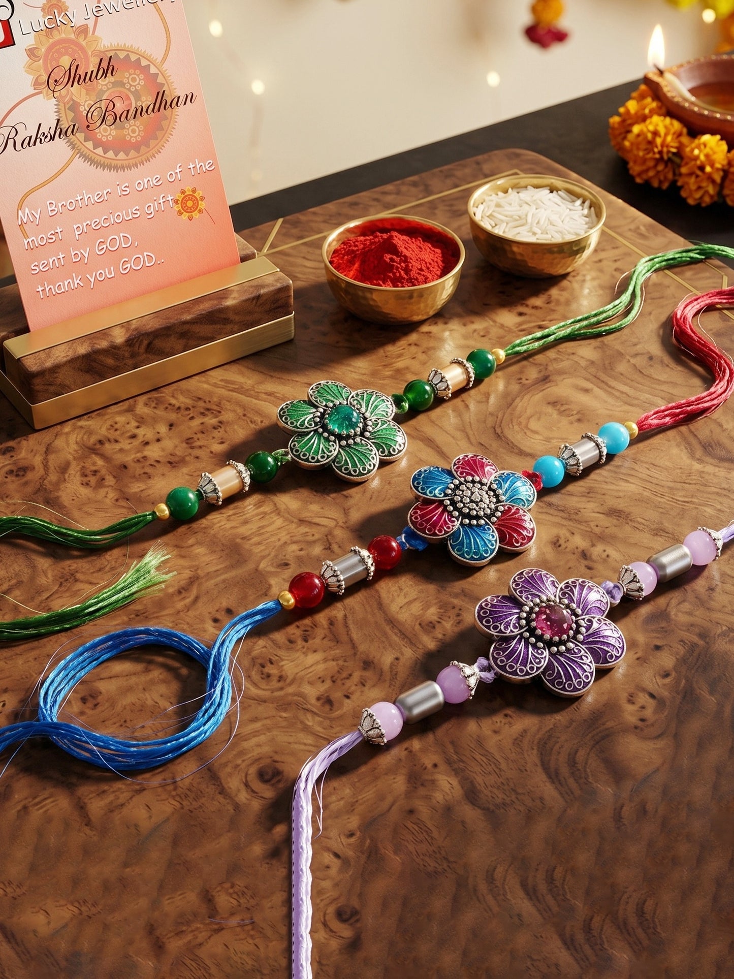Set of 3 Floral Enamel Rakhi for Brother with Multi & Beads, Roli Chawal & Card (144-CHR1-1967-3-2026)